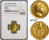 Romania, Carol II, Pattern 20 Lei 193-, Bucharest Mint, Gilt Bronze, Reeded edge, Medal rotation, Schäffer/Stambuliu 169-1.2, NGC MS62, Very Rare!