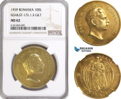Romania, Carol II, Pattern 100 Lei 1939, Bucharest Mint, Gilt Bronze? (Uncertain base metal), Reeded edge, Coin rotation, Schäffer/Stambuliu 172-1.3, ...