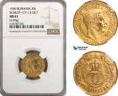 Romania, Carol II, Pattern 20 Lei 1940, Bucharest Mint, Gilt Bronze (4.39g) Reeded edge, Coin rotation, Schäffer/Stambuliu 177-1.2, NGC MS61, Rare!