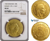 Romania, Carol II, Pattern 100 Lei 1940, Bucharest Mint, Gilt Bronze, Reeded edge, Medal rotation, Schäffer/Stambuliu 179-1.1, NGC MS60, Rare!