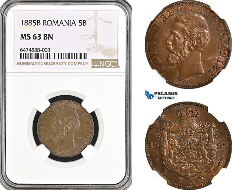 Romania, Carol I, 5 Bani 1885 B, Bucharest Mint, Schäffer/Stambuliu 035, NGC MS6...