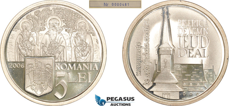 Romania, 5 Lei 2006, Church of Ieud Deal, Silver, Stamb# P618.2, Proof, In origi...