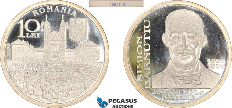 Romania, 10 Lei 2008, Simion Barnutiu, Silver, KM# 246, Mintage 500 Pcs, Proof, ...