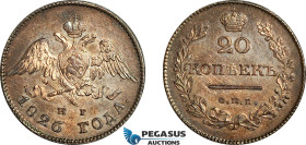 Russia, Nicholas I, 20 Kopecks 1826 СПБ-НГ (Wing down), St. Petersburg Mint, Silver, KM C# 158, Dark violet toning, Prooflike fields, aUNC