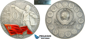 Soviet Russia, Silver Medal 1972 (Ø75mm, 235g) 50th Anniversary of USSR, Lenin, Only 300pcs issued! UNC