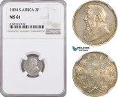 South Africa (ZAR) 3 Pence 1894, Pretoria Mint, Silver, KM# 3, NGC MS61