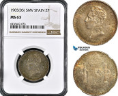 Spain, Alfonso XIII, 2 Pesetas 1905 SMV, Valencia Mint, Silver, KM# 725, NGC MS63