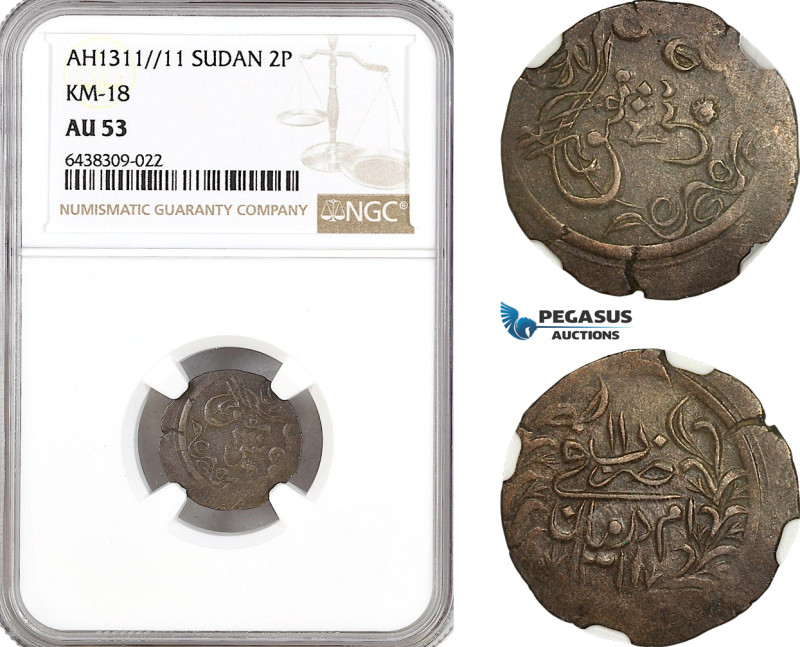 Sudan, Abdullah b. Mohammed, 2 Piastres 1311//11, Omdurman Mint, KM# 18, NGC AU5...