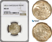 Switzerland, "Helvetia seated" 1 Franc 1851 A, Paris Mint, Silver, KM# 9, Lovely toning! NGC MS64