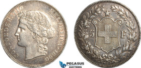 Switzerland, 5 Francs 1890 B, Bern Mint, Silver, KM# 34, Lightly cleaned, EF