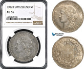 Switzerland, 5 Francs 1907 B, Bern Mint, Silver, KM# 34, NGC AU55