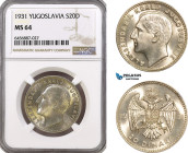 Yugoslavia, Alexandar I, 20 Dinara 1931, Belgrade Mint, Silver, KM# 11, NGC MS64