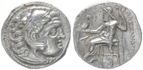 Kings of Macedon, Alexander III 'the Great'. AR Drachm, 4.17 g 18.13 mm. 336-323 BC. Kolophon.
Obv: Head of Herakles right, wearing lion skin.
Rev: AΛ...