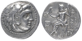 Kings of Macedon, Alexander III "the Great", AR Drachm, 4.04 g 17.31 mm. 336-323 BC. Kolophon.
Obv: Head of Herakles right, wearing lion skin.
Rev:ΑΛΕ...