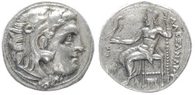 Kings of Macedon, Alexander III 'the Great'. AR Drachm, 4.22 g 17.64 mm.336-323 BC. Kolophon.
Obv: Head of Herakles right, wearing lion skin.
Rev: AΛE...