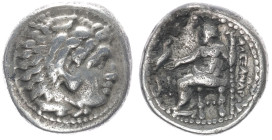 Kings of Macedon, Alexander III 'the Great'. AR Drachm, 4.16 g 16.48 mm. 336-323 BC. Uncertain mint.
Obv: Head of Herakles right, wearing lion skin.
R...