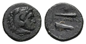 Kings of Macedon, Alexander III 'the Great', AE, 1.52 g 12.16 mm. 336-323 BC. Uncertain mint.
Obv: Head of Herakles right, wearing lion skin.
Rev: Α...