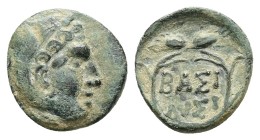 Kings of Thrace, Lysimachos (305-281 BC). Ae. 1.35 g. 13.49 mm
Obv: Head of Herakles right, wearing lion skin.
Rev: BAΣI / ΛYΣI, Legend in two lines...