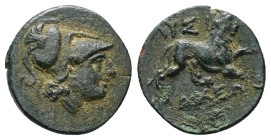 Thrace, Lysimacheia. AE, 3.26 g 17.87 mm. Circa 196-190 BC.
Obv: Helmeted head of Athena right.
Rev: ΛYΣI / MAXEΩN, Lion standing right with forepaw...