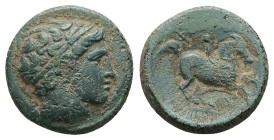 Kings of Macedon, Philip II. AE, 5.21 g 12.43 mm. 359-336 BC. Uncertain mint.
Obv: Diademed head of Apollo right.
Rev: ΦIΛIΠΠOY,Horseman right. Cont...