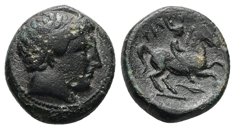 Kings of Macedon. Philip II. AE, 5.92 g 18.07 mm. 359-336 BC.
Obv: Diademed hea...