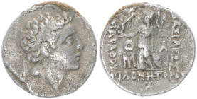 Kings of Cappadocia, Ariarathes VII Philometor. AR Drachm, 4.08 g 18.13 mm, 116-101 BC. Eusebeia-Mazaca.
Obv: Diademed head right.
Rev: ΒΑΣΙΛΕΩΣ ΑΡΙΑΡ...