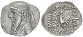 Kings of Parthia, Mithradates II. AR Drachm, 4.07 g 21.11 mm. 121-91 BC. Ekbatana.
Obv: Diademed and draped bust left.
Rev: ΒΑΣΙΛΕΩΣ / ΒΑΣΙΛΕΩΝ / ΜΕΓΑ...