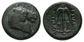 Seleukid Kingdom, Antiochos I Soter.AE, 6.05 g 16.73 mm. 281-261 BC. Uncertain mint.
Obv: Horned head of horse right.
Rev: ΒΑΣΙΛΕΩΣ / ANTIOXOY, Upri...