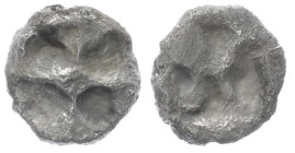 Attica, Athens. AR Hemiobol, 0.20 g 6.93 mm. "Wappenmünzen" type. Circa 515-510 BC.
Obv: Wheel with four spokes.
Rev: Quadripartite incuse square, d...