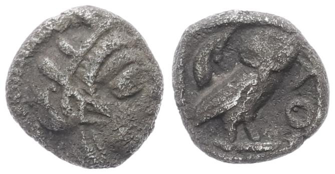 Attica, Athens. AR Hemiobol, 0.31 g 6.70 mm. Circa 454-404 BC. 
Obv: Helmeted he...