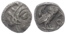 Attica, Athens. AR Hemiobol, 0.31 g 6.70 mm. Circa 454-404 BC. 
Obv: Helmeted head of Athena right.
Rev: AΘΕ, Owl standing right, head facing; olive s...