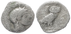 Attica, Athens. AR Obol, 0.53 g 9.06 mm. Circa 454-404 BC.
Obv: Helmeted head of Athena right.
Rev: [AΘE],Owl standing right, head facing; olive sprig...