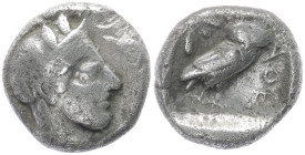 Attica, Athens. AR Drachm, 3.88 g 14.85 mm. Circa 454-404 BC.
Obv: Helmeted head of Athena right.
Rev: AΘE, Owl standing right, head facing; olive spr...