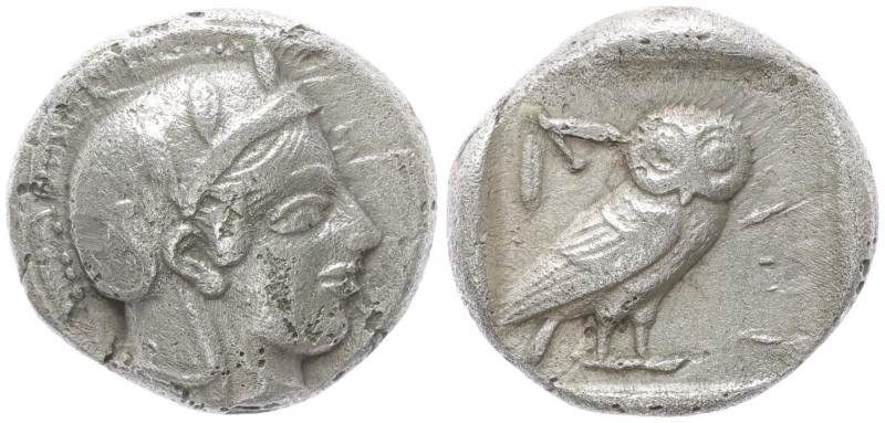 Attica, Athens. AR Drachm, 3.82 g 14.92 mm. Circa 454-404 BC.
Obv: Helmeted hea...
