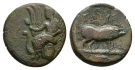 Attica, Eleusis. AE, 2.90 g 16.10 mm. Circa 340-335 BC.
Obv: Triptolemos, holding grain ear, seated left in winged chariot being drawn by two serpent...