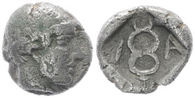 Thrace, Ainos. AR Diobol, 1.19 g 10.53 mm. Circa 464-460 BC.
Obv: Head of Hermes right wearing petasos.
Rev: I-A, Caduceus set diagonally across incus...