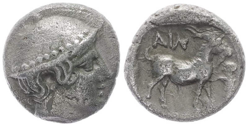 Thrace, Ainos. AR Diobol. 1.24 g 10.30 mm. Circa 429-427/6 BC. 
Obv: Head of Her...