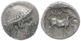 Thrace, Ainos. AR Diobol. 1.24 g 10.30 mm. Circa 429-427/6 BC. 
Obv: Head of Hermes right, wearing petasos.
Rev: AIN, Goat standing right; herm to rig...