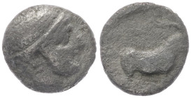 Thrace, Ainos. AR Diobol, 0.93 g 10.12 mm. Circa 429-427/6 BC.
Obv: Head of Hermes right, wearing petasos.
Rev: [AIN], Goat standing right.
Ref: HGC 3...
