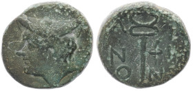 Thrace, Ainos. AE, 7.59 g 20.80 mm. Circa 280-200 BC.
Obv: Head of Hermes left, wearing petasos.
Rev: AINION, Kerykeion; torch to right.
Ref: AMNG II ...