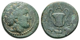 Thrace, Alopekonnesos, AE, 7.12 g 22.62 mm. Circa 300-250 BC.
Obv: Head of Maenad right.
Rev: Α - Λ – Ω, Kantharos; to left, fox; to right, grape bu...