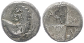 Thrace, Chersonesos. AR Hemidrachm, 1.54 g 12.43 mm.Circa 386-338 BC.
Obv: Forepart of lion right, head reverted.
Rev: Quadripartite incuse square wit...