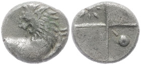 Thrace, Chersonesos. AR Hemidrachm. 2.22 g. 12.73 mm. Circa 386-338 BC. 
Obv: Forepart of lion right, head left.
Rev: Quadripartite incuse square; sta...