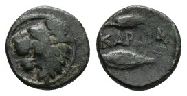 Thrace, Kardia. AE, 1.18 g 11.25 mm. Circa 350-309 BC.
Obv: Head of lion left.
Rev: ΚΑΡΔΙΑ, Grain ear and seed.
Ref: SNG Copenhagen 871; HGC 3.2, 1...