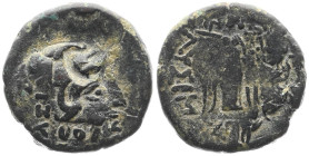 Thrace, Lysimacheia.AE, 3.75 g 16.59 mm. Circa 3rd century BC.
Obv: Head of Herakles right, wearing lion's skin headdress right. ΛΣΙ.... overstruck....
