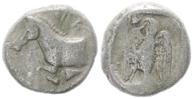 Kings of Thrace, Odrysian. Sparadokos. AR Diobol. 1.28 g 10.65 mm. Circa 450-440 BC. 
Obv: Forepart of horse left.
Rev: Eagle flying left, holding ser...