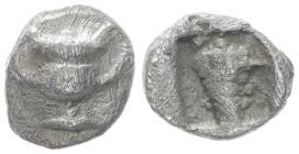 Thraco-Macedonian Region, Uncertain. AR Hemiobol, 0.28 g 6.91 mm. 6th-5th Centuries BC.
Obv: Kantharos.
Rev: Grape-bunch within pelleted linear border...