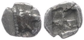 Thraco-Macedonian Region. Uncertain. AR Hemiobol, 0.30 g 7.76 mm. 5th century BC.
Obv: Head of roaring lion right.
Rev: Quadripartite incuse square.
R...