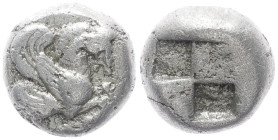 Thraco-Macedonian Region, Uncertain. AR Hemidrachm, 2.21 g 10.10 mm. Circa 480-450 BC. 
Obv:Forepart of Pegasus with curved wing to right. 
Rev: Quadr...