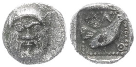 Lesbos, Methymna AR Hemiobol or Tetartemorion, 0.23 g 6.10 mm. Circa 500/480-460 BC. 
Obv: Facing head of Silenos 
Rev: Cock standing to right, MAΘ ar...